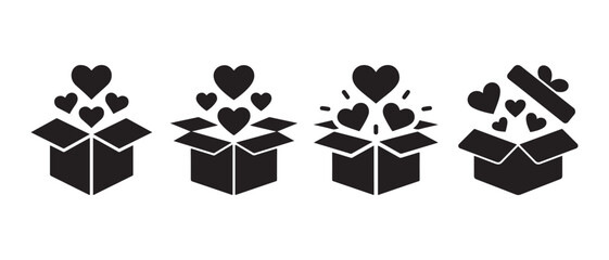 Fototapeta premium Open gift boxes with hearts overflowing, vector icons for love and surprise concepts.