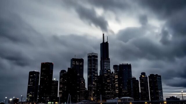 A dramatic city skyline featuring numerous tall skyscrapers stands stoically under a foreboding, heavily overcast and stormy sky.