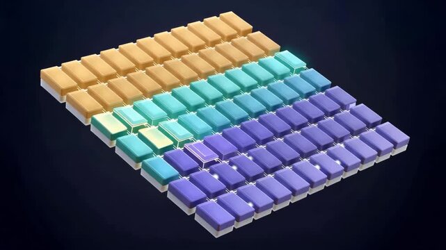 A vibrant isometric grid of colorful rectangular blocks creates an abstract pattern on a dark background.