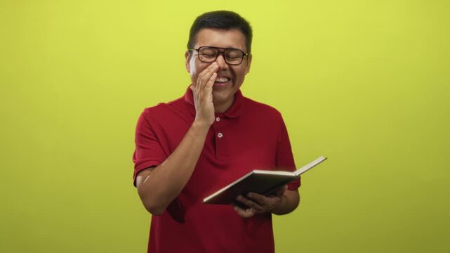 Man holding book and laughing in lime green studio wearing red polo and glasses; joyful learning reading education.