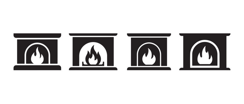 Four different fireplace designs with flames in various arches.