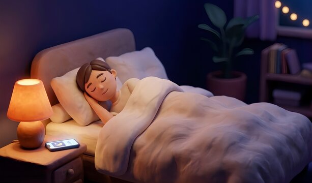 クレイアニメ風の快適なベッドで眠る人物とスマートフォン（スリープテック・睡眠の質・健康）