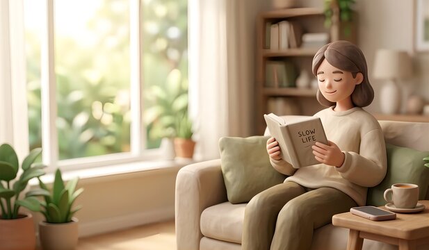 クレイアニメ風のスマートフォンを置いて読書を楽しむ人物（デジタルデトックス・リラックス・読書）