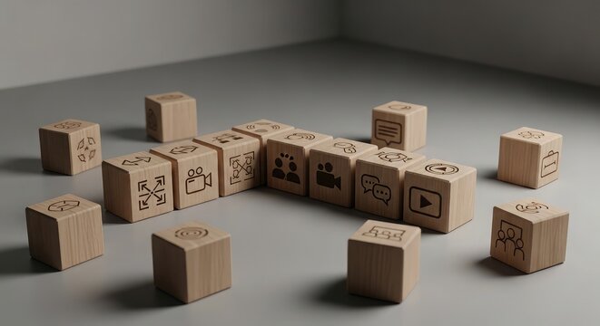 Wooden blocks with indented symbols on a gray floor
