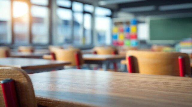 Empty Classroom: An inviting interior shot of a brightly lit classroom, desks arranged, evoking a sense of anticipation and the promise of learning.