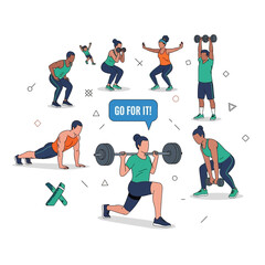 Fototapeta premium Diverse People Exercising with Weights and Doing Bodyweight Fitness Routines