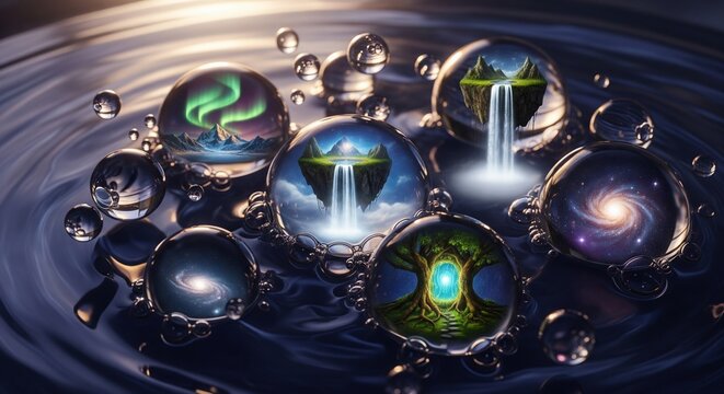 Surreal digital art featuring multiple glass spheres or bubbles floating on dark, rippling water. Each bubble contains a miniature landscape, such as a waterfall, a galaxy, or aurora borealis.