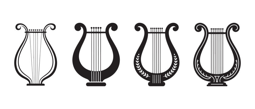 Collection of ancient lyre harp musical instruments, vintage string instrument illustrations on white background.