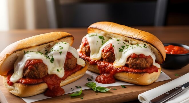 Two delicious meatball subs with melted mozzarella cheese served on a wooden cutting board high-quality