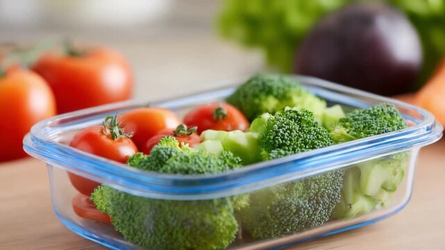 Fresh Veggie Meal Prep: Vibrant tomatoes and broccoli are arranged in a clear container, offering a refreshing and nourishing meal prep solution for a healthy lifestyle.
