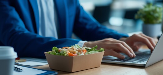 Fototapeta na wymiar Employee enjoying healthy office lunch from takeaway box. Businessman working at desk with fresh salad meal in sustainable paper lunchbox