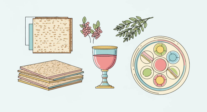 Illustration of Seder plate, matzah, wine, and herbs for Passover celebration.