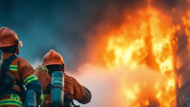 Firefighter Confronting Fire: A courageous firefighter wearing protective gear fearlessly faces the fiery inferno, demonstrating bravery and determination in the face of danger.