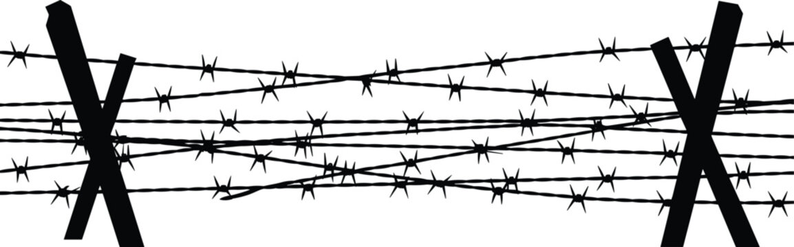 Barbed wire barrier with crossed posts silhouette, military security fence concept, black vector border protection illustration isolated on white background