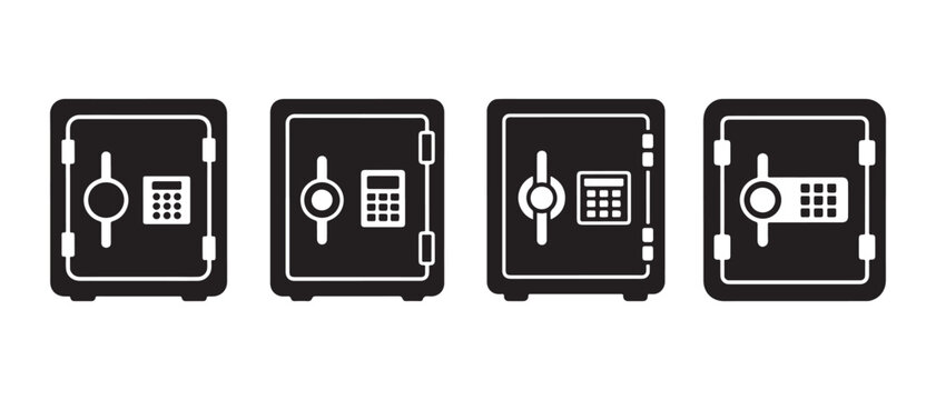 Four black and white safe icons with different lock and dial combinations.