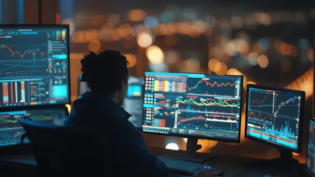 Businessman or stock trader using multiple screen for trading and investment with financial charts and market analytics
