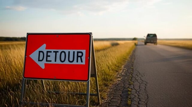 Orange detour sign placed on the side of a rural road as a vehicle drives past it. Road construction warning indicator for traffic management and route change.