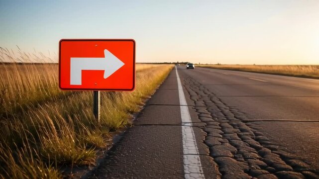 Orange road sign with white arrow pointing right along country road. Concept of transportation, direction, guidance, travel and navigation on asphalt highway.