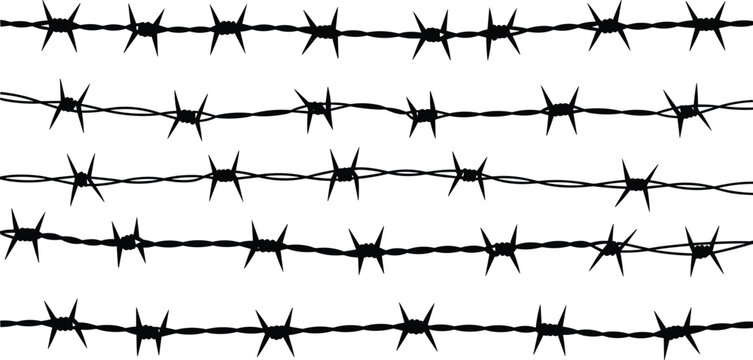 Barbed wire borders collection isolated on white background representing security fence lines, prison barrier elements and danger warning design illustration
