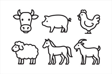 Obraz premium Simple black and white line drawing depicting a cow pig chicken sheep horse and goat