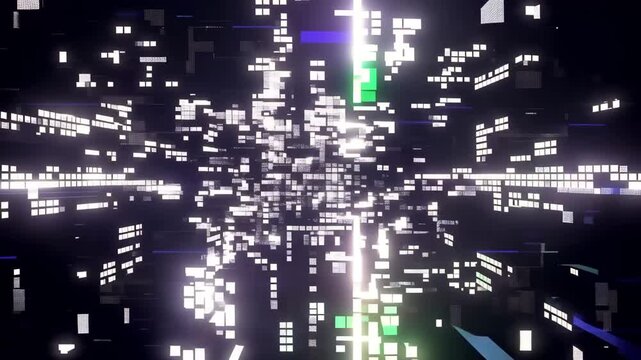 Numerous blue glowing cubes drift and rotate in an abstract digital space with subtle green data elements on a dark background.