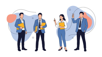 Obraz premium Group of four business professionals in formal suits hold folders and communicate against an abstract colorful background.