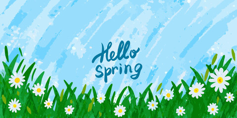 A cheerful spring greeting with wildflowers and a blue painted sky © Barsha