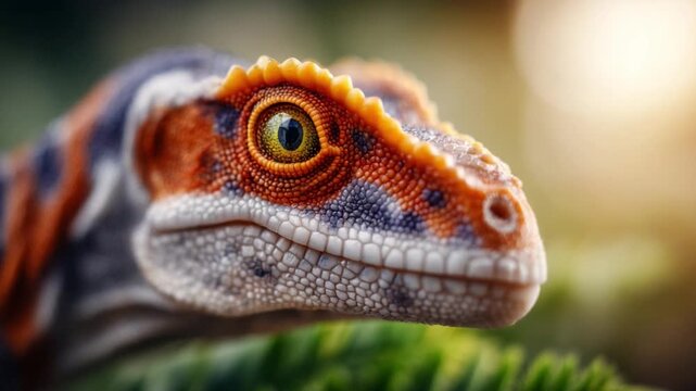 Mysterious Gaze of a Young Dinosaur: Captivating close-up of a prehistoric reptile, showcasing its intricate skin details and a piercing eye that sparks curiosity about its ancient world.