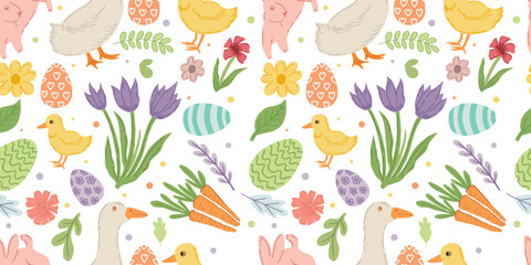 Easter holiday seamless pattern with cute ducks, bunnies, and decorated eggs for greeting card, textile, and wrapping paper © Wahib