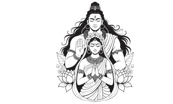 Lord Ram and Sita divine couple black and white line art illustration with lotus flowers and traditional iconography, perfect for Ram Navami celebration, coloring pages, Hindu religious posters, and d