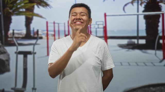 Hispanic young man standing with finger to lips for silence and a shy smile in gym by pullup bar; playful secrecy.