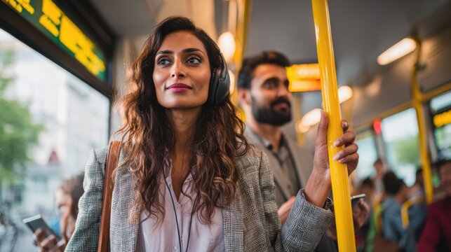 Stylish Woman Commuting by Bus, Listening to Music and Enjoying the Ride with other Commuters