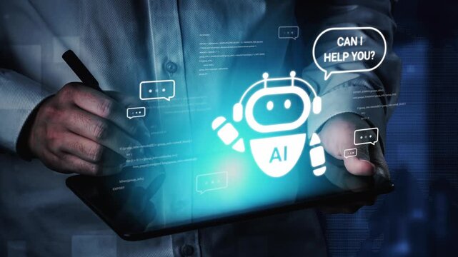 Professional hand using tablet with AI assistant graphic overlay, digital interaction concept, futuristic technology and chatbot service representation Gluon.