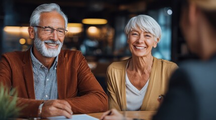 Obraz premium Senior Couple Consults Financial Advisor, Planning Retirement Investments and Future Security with Expert Guidance and Smiling Faces