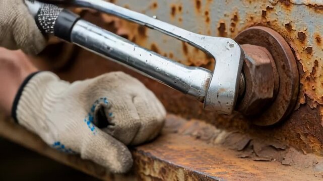 Mechanic using a wrench to tighten or loosen a rusty metal nut on a steel plate. Manual labor fixing heavy machinery hardware in an industrial repair workshop.