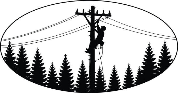Electric lineman repairing power line on utility pole in forest landscape silhouette, electricity maintenance worker concept, black vector illustration isolated on white