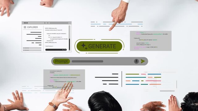 Collaborative brainstorming session at a workspace with diverse hands pointing and generating ideas through digital interface and screen technology Gluon.