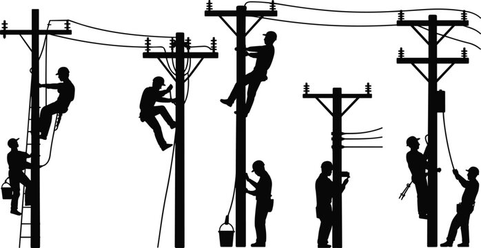 Electric lineman worker silhouettes repairing power lines on utility poles, electricity maintenance technicians set, black vector industry illustration isolated on white background