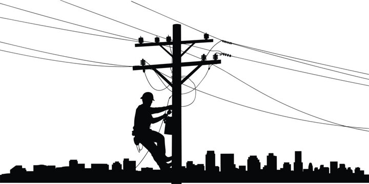 Electric lineman repairing power lines on utility pole with city skyline silhouette, electricity maintenance concept, black vector illustration isolated on white