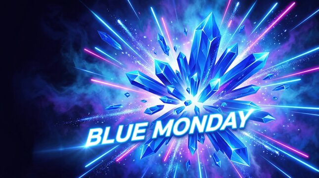 Vibrant blue crystal explosion graphic text design promoting a special blue monday event sale