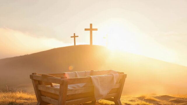 Sunrise over hill with crosses and empty wooden manger symbolizing Christian nativity and faith in warm golden light