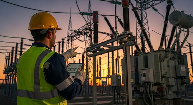 Engineer inspecting power substation equipment with a digital tablet at sunset