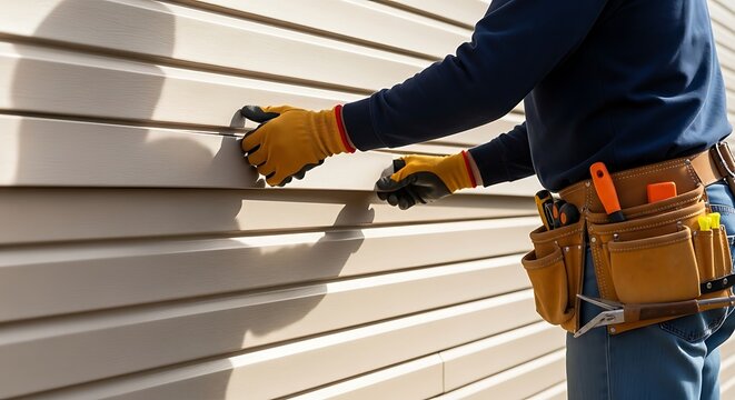 Professional contractor carefully installing new vinyl siding panels onto a building
