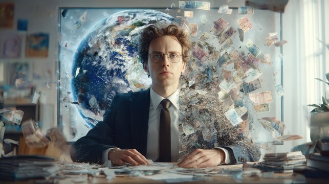 Stressed Businessman Overwhelmed by Global Finance, Currency Chaos, and Economic Pressure in a Chaotic Office Environment