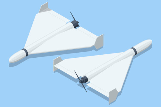 Isometric Delta wing attack aircraft pair, drone shahid. Concept of unmanned military technology, aerial mission, tactical flight, reconnaissance, air defense and modern combat equipment