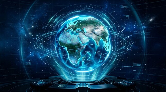 Futuristic digital Earth globe with glowing blue light and abstract data rings, representing global communication, technology, and interconnected networks in a dark, starry space background.