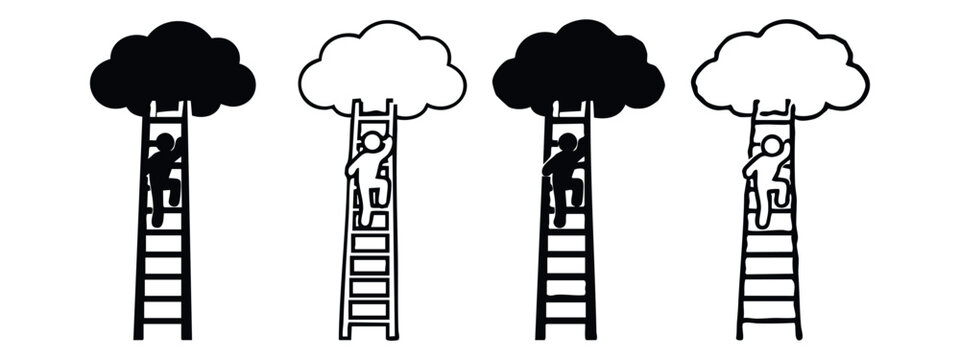 Climbing to the Clouds Icon Set. Symbolizing ambition, dreams, aspirations, and striving for success and new heights.