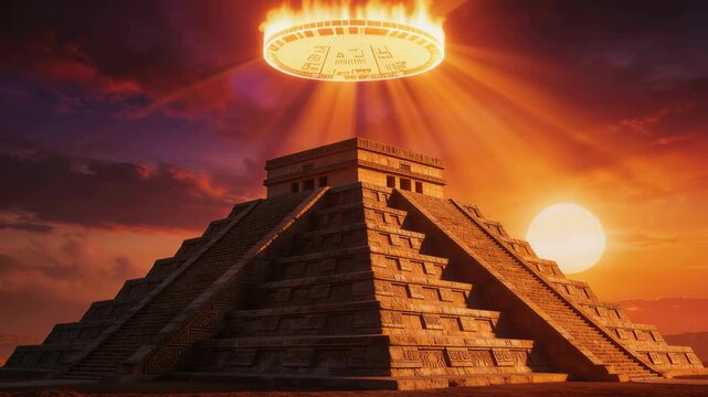 Ancient Mayan pyramid with a fiery Aztec calendar floating above at sunset vibrant sky