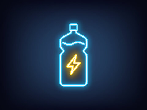 Outline neon energy drink, blue yellow. Neon water bottle with lightning icon, electrolytes drink. Hydration, liquid sport supplement, isotonic, health energy and electrolyte balance. Vector