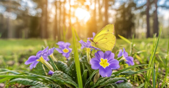 beautiful spring meadow with blue primrose flowers and green grass, blurred background of trees in the park on a sunny day. a yellow butterfly is flying over the field